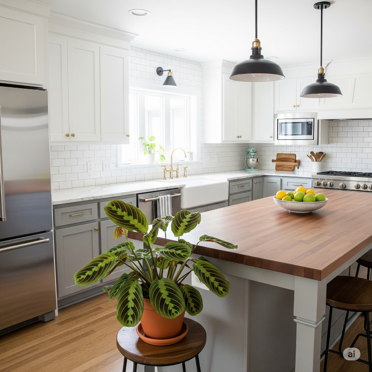 Maranta-Planta-8 Cozinha moderna e iluminada, com balcão de madeira, armários brancos e cinzas, e eletrodomésticos de aço inoxidável. Uma calathea em vaso de terracota sobre um banco de madeira está em primeiro plano, na frente da ilha.