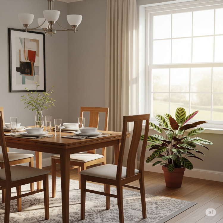 Maranta-Planta-2 Jantar com mesa de madeira, cadeiras e arranjos em um ambiente com paredes cinzas e uma janela. Uma Calathea triostar em um vaso de terracota está próxima à janela, adicionando cor ao espaço.