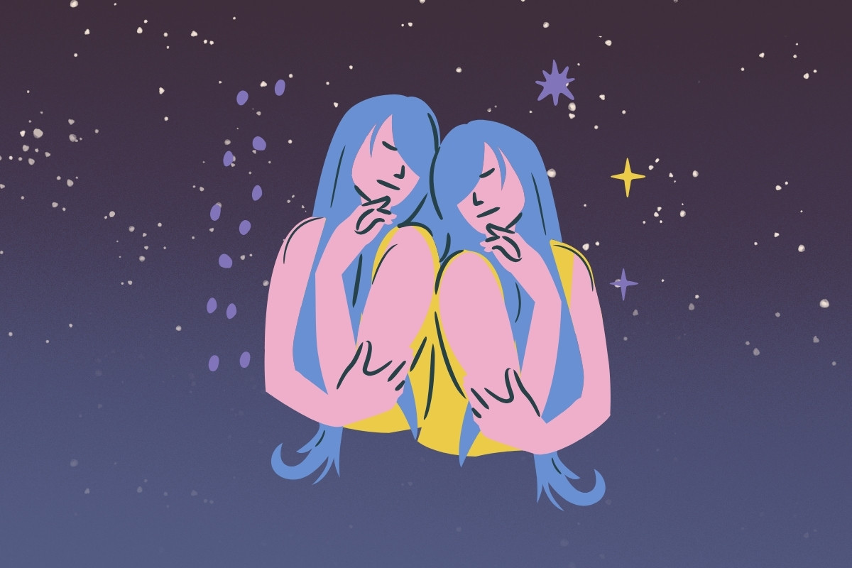 3-Gemeos-Capa-Horoscopo-Diario-3 Foto de céu azul-escuro estrelado com símbolo do signo de Gêmeos, simbolizando horóscopo diário