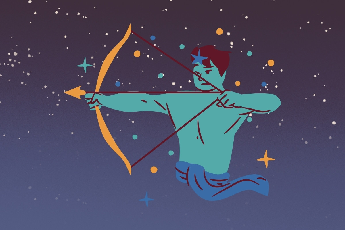 9-Sagitario-Capa-Horoscopo-Diario-3 Foto de céu azul-escuro estrelado com símbolo do signo de Sagitário, simbolizando horóscopo diário