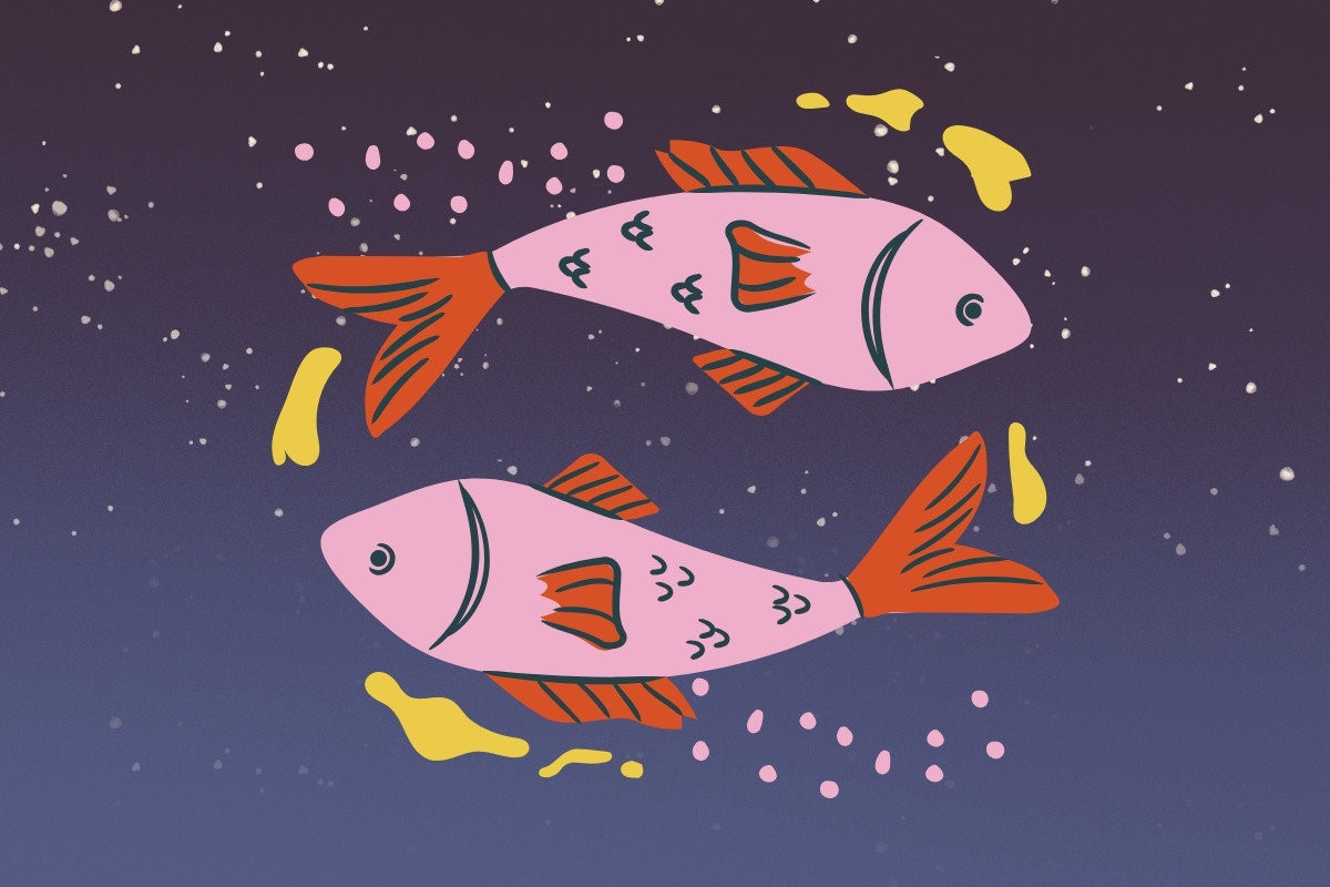 12-Peixes-Capa-Horoscopo-Diario-3 Foto de céu azul-escuro estrelado com símbolo do signo de Peixes, simbolizando horóscopo diário