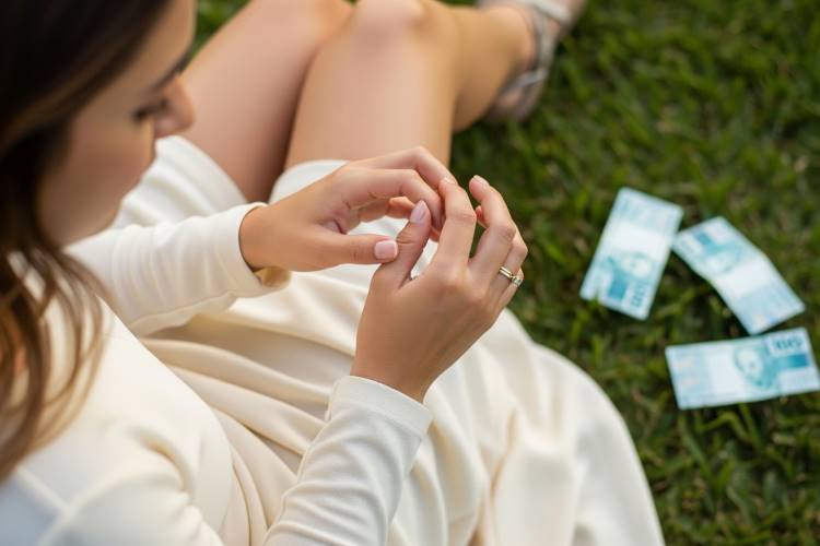 Coceira-Na-Mao-Significado-1 A mulher sentada na grama, usando um anel de casamento e um vestido branco, admira suas mãos enquanto três notas de 100 reais estão espalhadas ao lado.