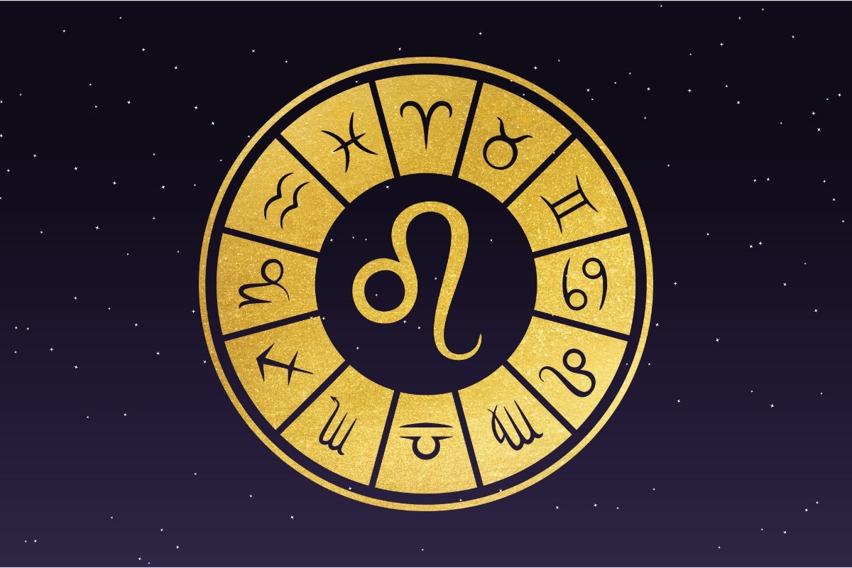 5-Horoscopo-Leao-Hoje Fundo de céu estrelado com símbolo do signo de Leão, horóscopo do dia de hoje