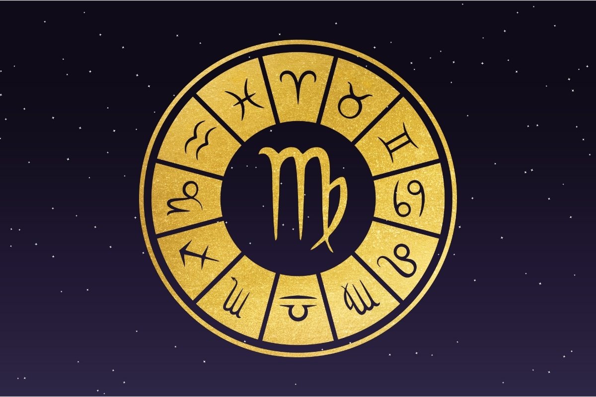 6-Horoscopo-Virgem-Hoje Fundo de céu estrelado com símbolo do signo de Virgem, horóscopo do dia de hoje