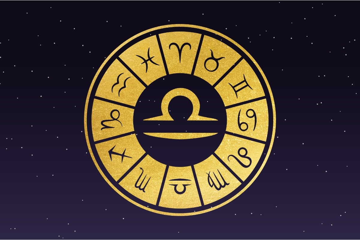 7-Horoscopo-Libra-Hoje Fundo de céu estrelado com símbolo do signo de Libra, horóscopo do dia de hoje