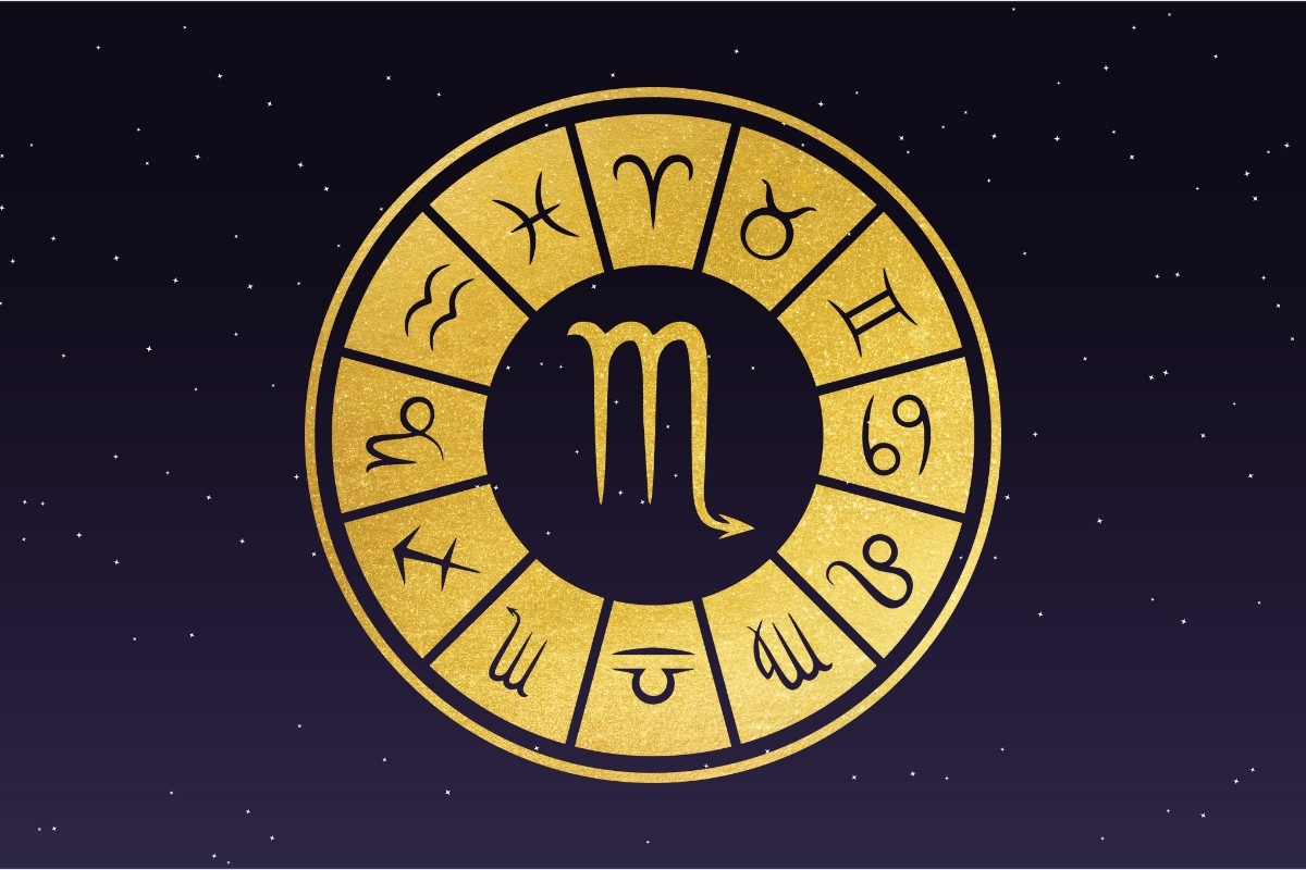 8-Horoscopo-Escorpiao-Hoje Fundo de céu estrelado com símbolo do signo de Escorpião, horóscopo do dia de hoje