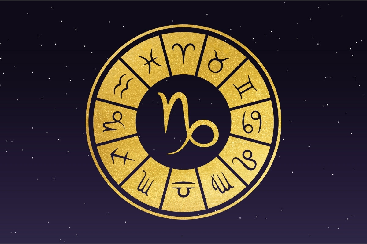 10-Horoscopo-Capricornio-Hoje Fundo de céu estrelado com símbolo do signo de Capricórnio, horóscopo do dia de hoje