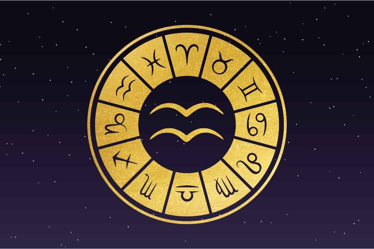 11-Horoscopo-Aquario-Hoje Fundo de céu estrelado com símbolo do signo de Aquário, horóscopo do dia de hoje