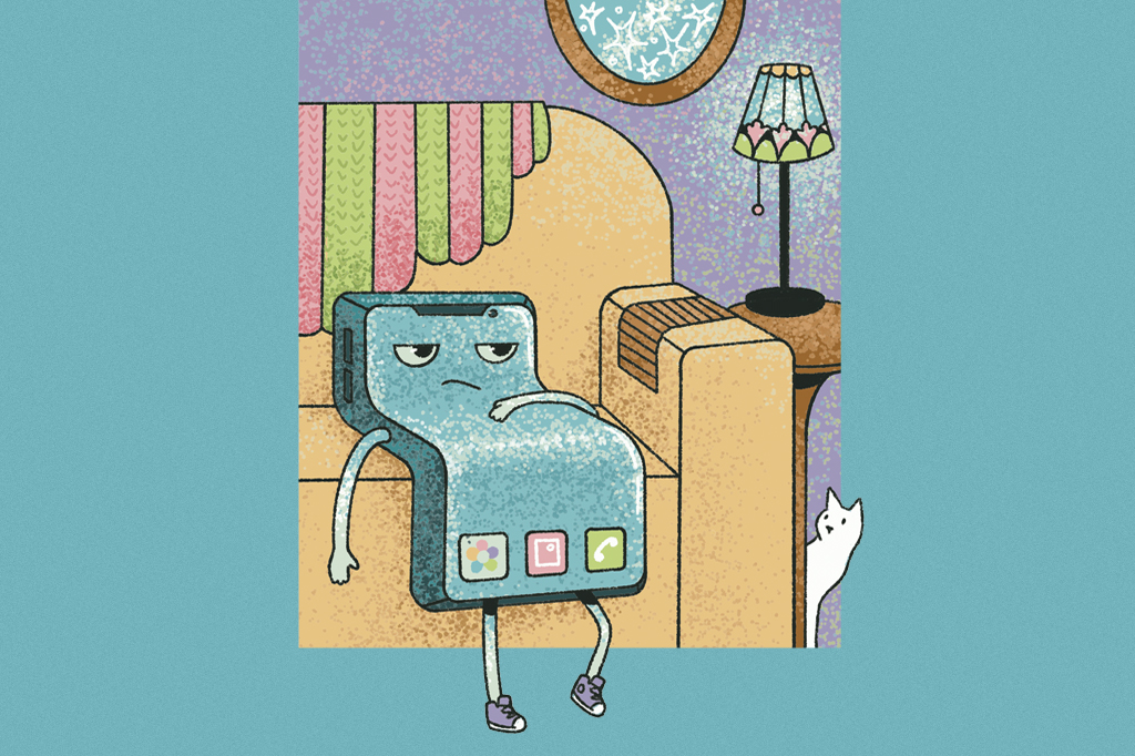 Si_483_Oráculo_Manual_2 Ilustração cômica, em fundo verde, de um telefone celular entediado, descansando num sofá.