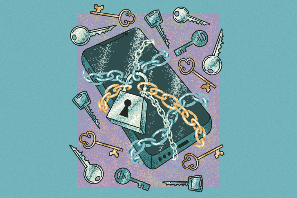 Si_483_Oráculo_Manual_3 Ilustração, em fundo verde, de um telefone celular envolto de correntes e diversas chaves.