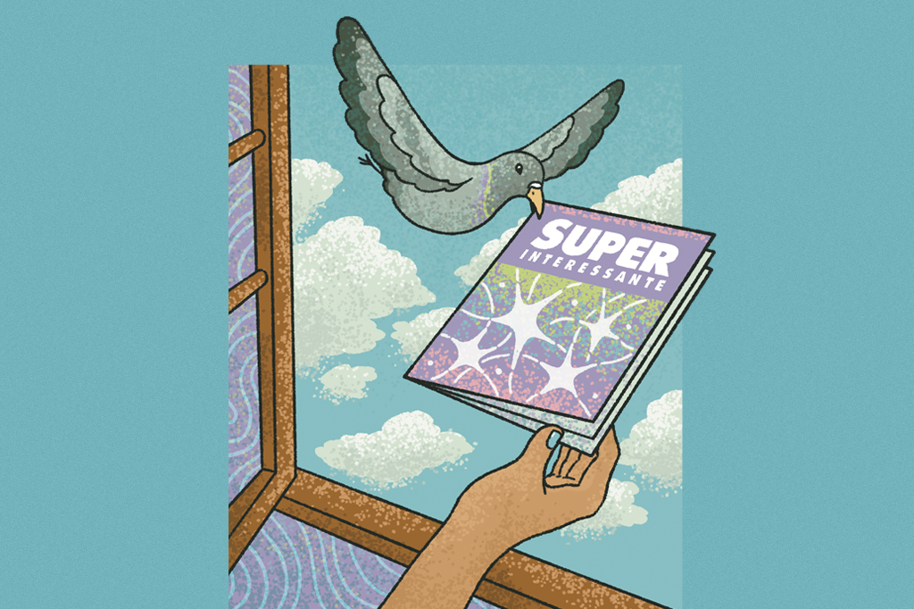 Si_483_Oráculo_Manual_4 Ilustração, em fundo verde, de um pássaro entregando uma revista Superinteressante pela janela.