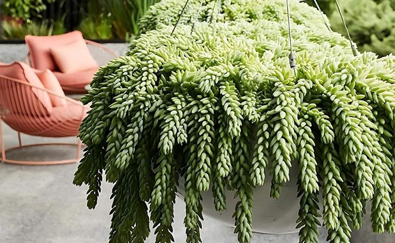 suculenta dedo-de-moça (Sedum morganianum) em vaso pendente, com ramos alongados