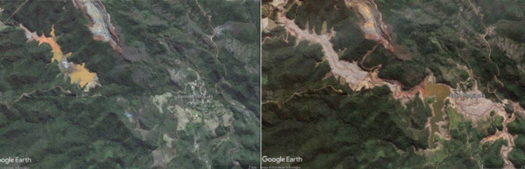 Imagens de satélite da região próxima à Barragem do Fundão em julho de 2015 (antes do colapso da barragem) e junho de 2016 (após o colapso da barragem).