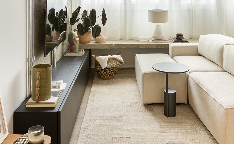 Sala de estar com poucos objetos decorativos, livros e itens com significado