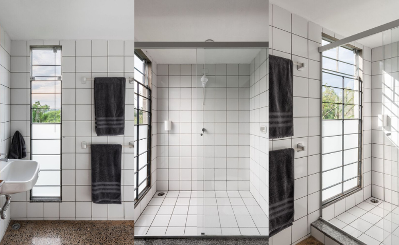 Montagem de três fotos que mostram o banheiro da casa.