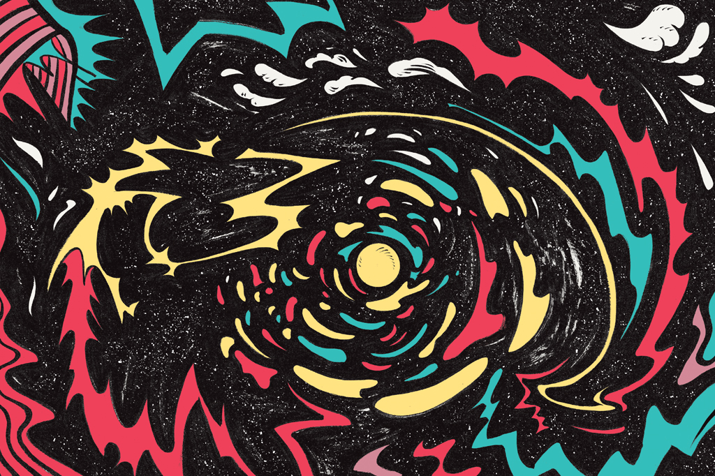 Ilustração cósmica, multicolorida, em estilo retrô. Vê-se, de forma aleatória, planetas e raios em forma de espiral.