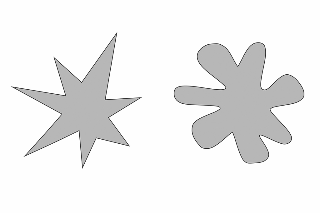 2302-Pintinho-Layout_Site5 Esta imagem é usada como um teste para demonstrar que as pessoas podem não anexar sons a formas arbitrariamente: estudantes universitários americanos e falantes de tâmil na Índia chamam a forma à esquerda de