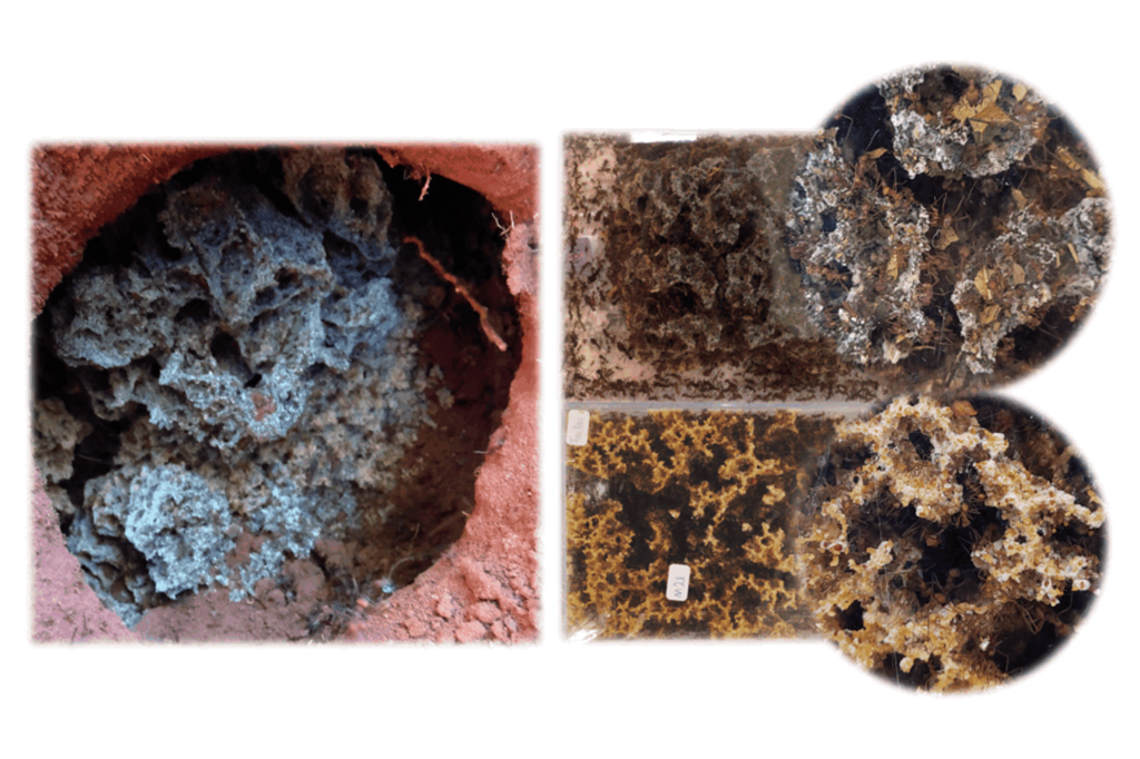 Fotografia do jardim microbiano de saúvas em campo (esq); jardim de laboratório alimentado somente com folhas (direita superior), e somente com frutas e cereais (direita inferior).