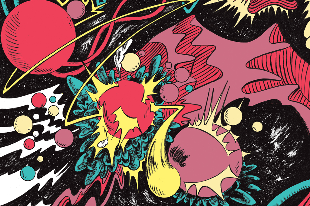 Ilustração cósmica, multicolorida, em estilo retrô. Vê-se, de forma aleatória, planetas e raios se chocando.