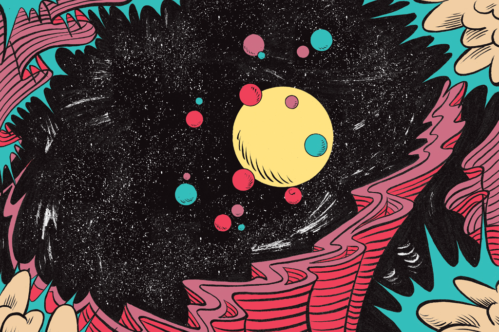 Ilustração cósmica, multicolorida, em estilo retrô.