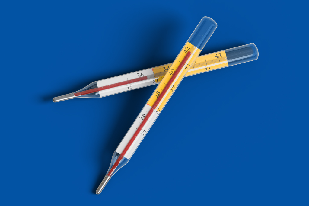 Imagem, em fundo azul anil, de dois termômetros.