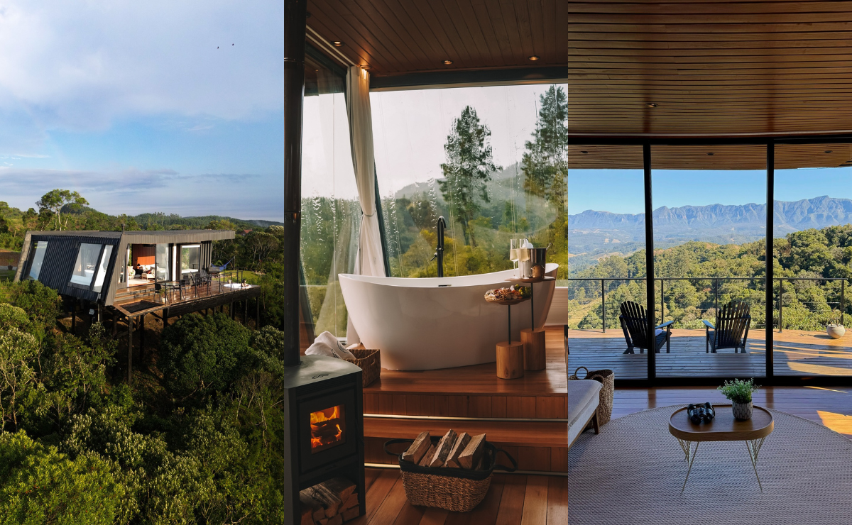 cabana de luxo na natureza com vista deslumbrante e banheira de imersão.