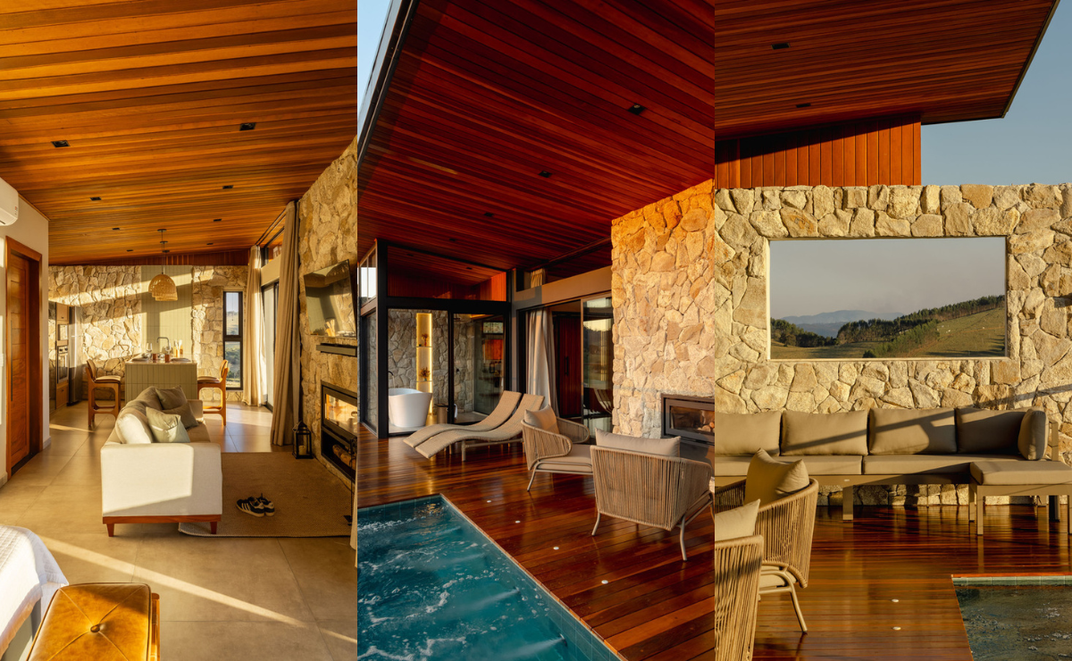 interior de cabana de luxo com madeira, pedra e área integrada com piscina e varanda