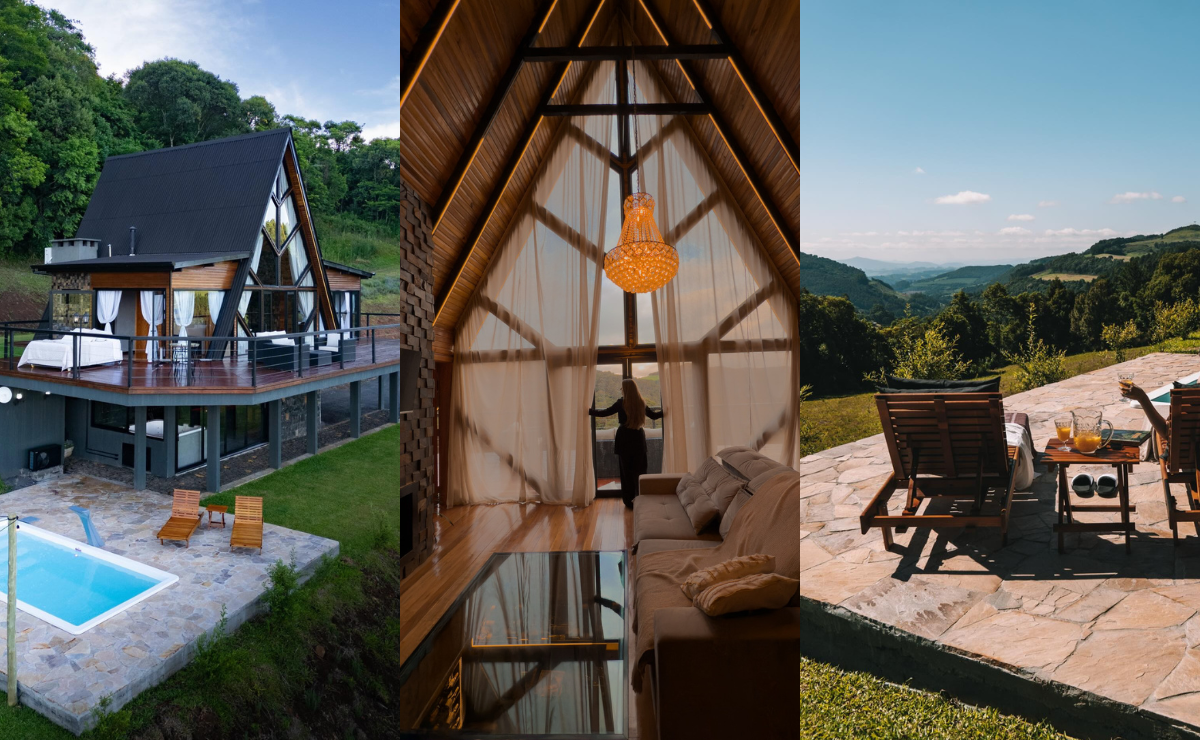 cabana luxosa na natureza com piscina, telhado inclinado e ambientes sofisticados.