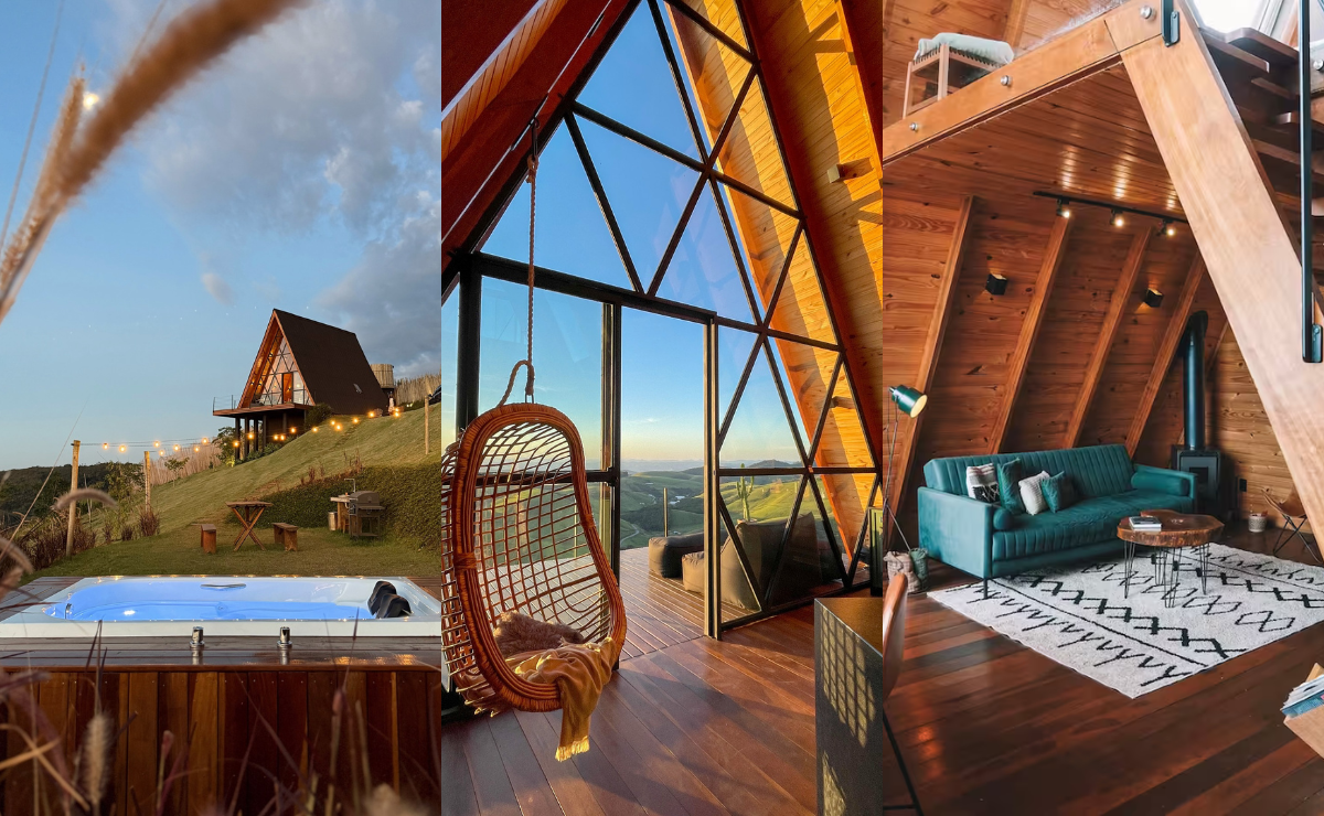 cabana luxosa no estilo a-frame com interiores aconchegante.