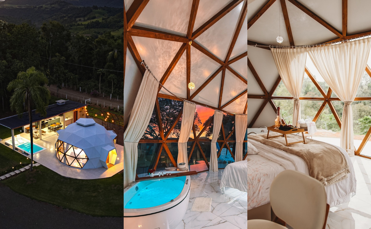 glamping luxosos em formato de domo na natureza.