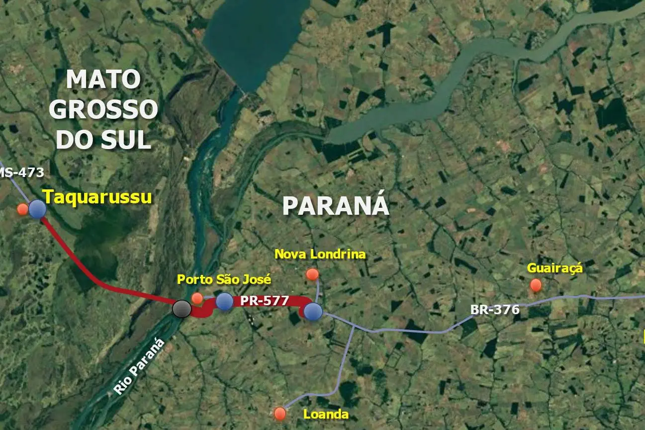 mapa-ponte-pr-ms-jpg Nova ponte sobre o Rio Paraná deve conectar o distrito de Porto São José, em São Pedro do Paraná (PR), ao município de Taquarussu (MS).