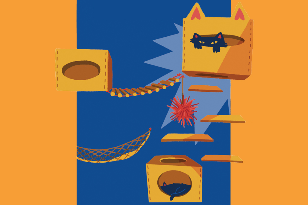 Ilustração, em fundo azul escuro e laranja, de um playground para gatos.