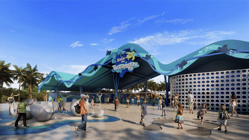 Imagem renderizada por computador de um parque aquático. Placa na entrada diz