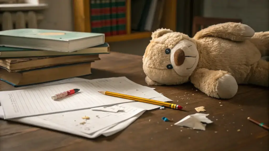 Urso de pelúcia em meio à materiais escolares simbolizando abuso
