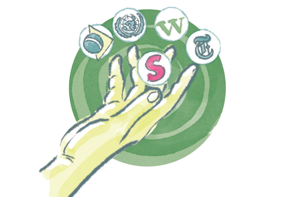 Ilustração, em fundo branco, de uma mão jogando bolinhas marcadas com logotipos de empresas de tecnologia.