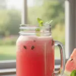 Suco natural de melancia armazenado em pote de vidro.