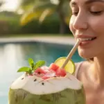 Mulher tomando suco de melancia com água de coco