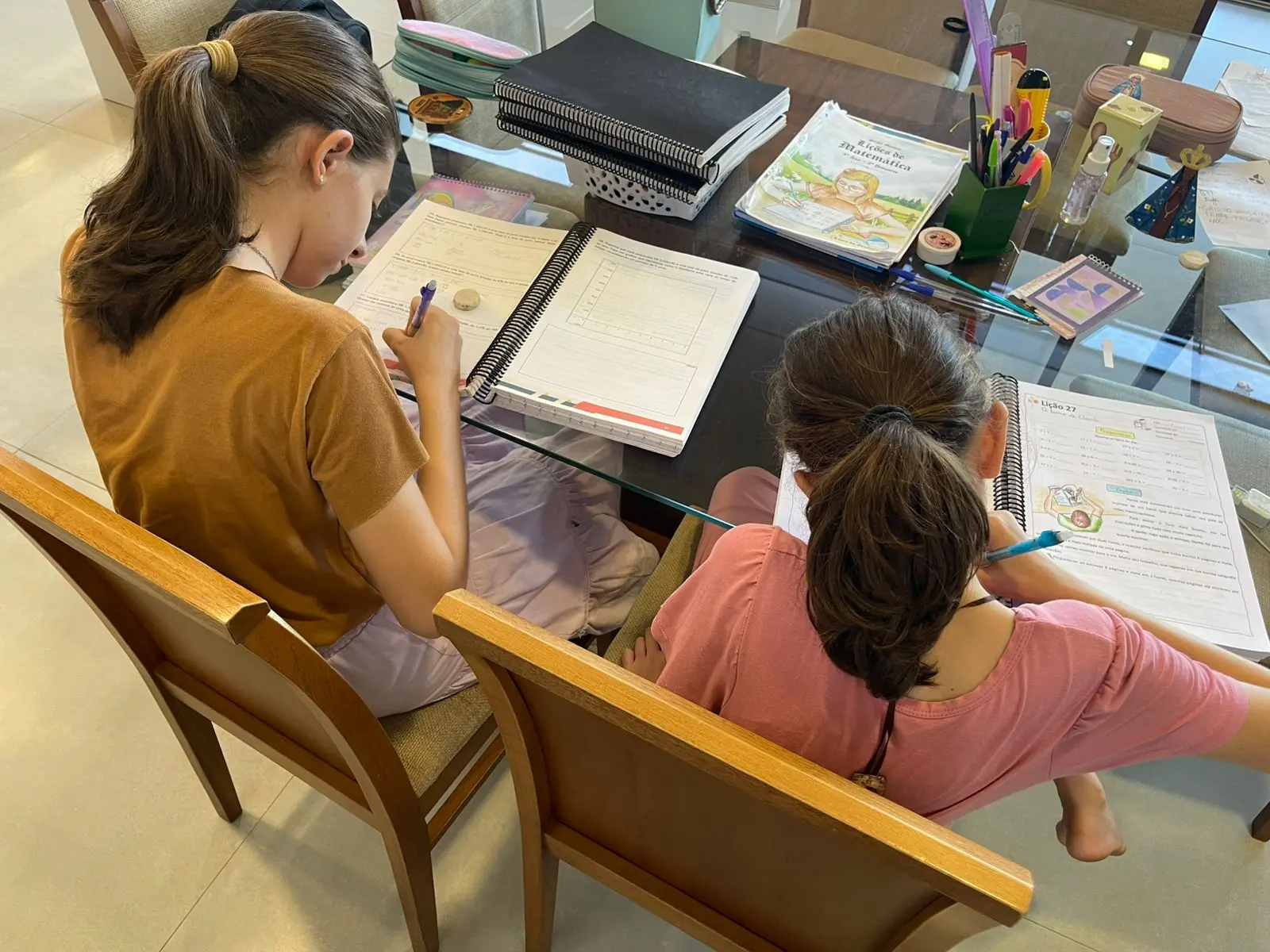 Os pais afirmam que as filhas têm acesso a todas as disciplinas curriculares, como português, matemática, ciências, história, geografia e educação física.