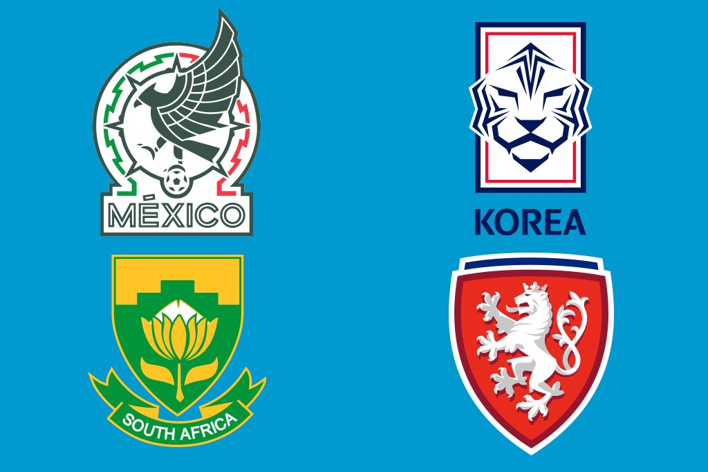 Quatro escudos de futebol em fundo azul: México (águia e bola), Coreia (cabeça de tigre e nome), África do Sul (flor de protea e nome), e um leão branco em escudo vermelho.