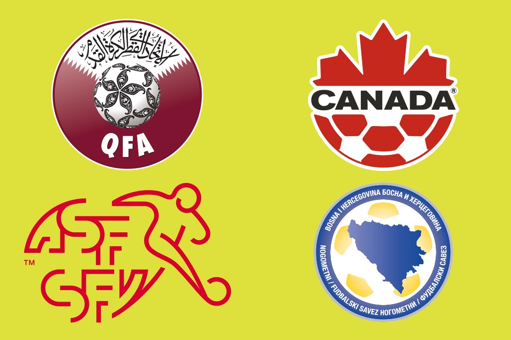 Quatro logotipos de federações de futebol em fundo amarelo: Qatar, Canadá, Suíça e Bósnia e Herzegovina.
