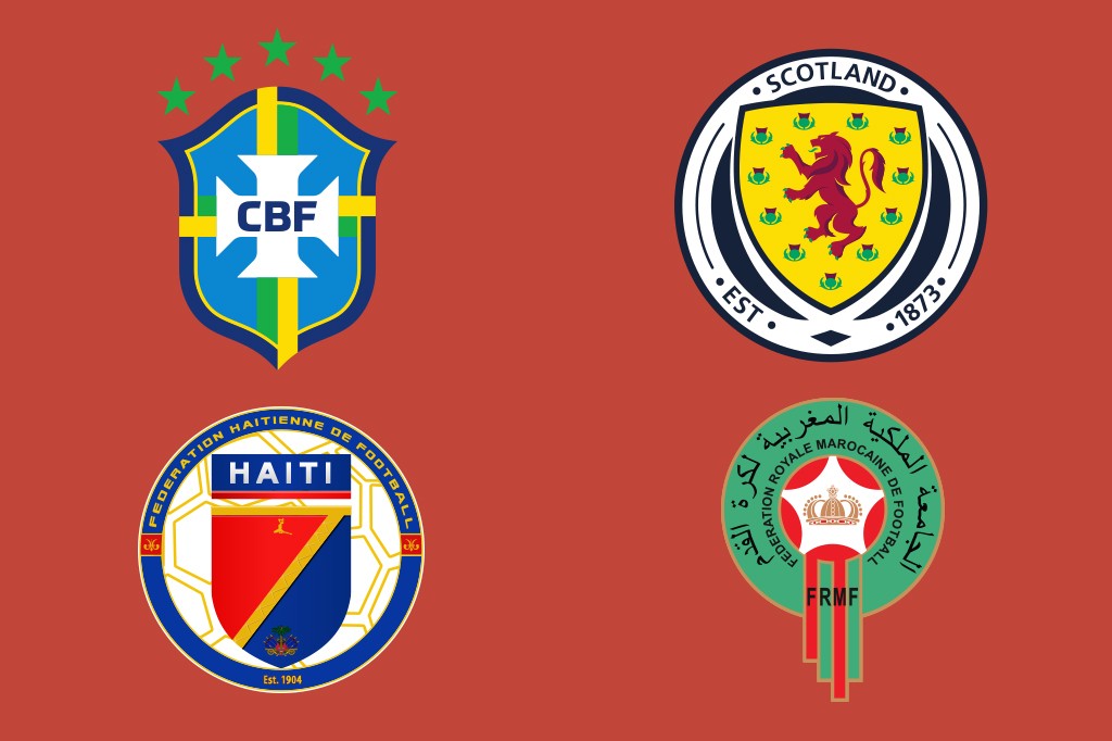 Quatro escudos de federações de futebol: CBF (Brasil) com 5 estrelas, Escócia com leão vermelho, Haiti com bandeira e Marrocos com coroa e estrelas, sobre fundo vermelho.