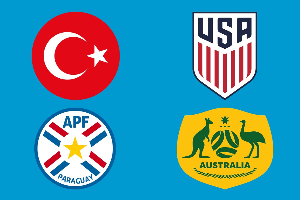Quatro escudos de futebol em fundo azul: Turquia (vermelho com lua e estrela brancas), EUA (escudo branco com listras vermelhas e