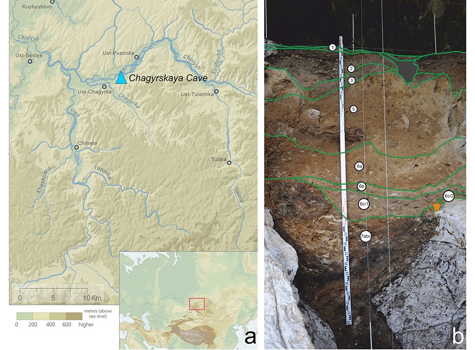 Mapa da região da Caverna Chagyrskaya na Rússia e foto de um perfil estratigráfico com camadas de solo numeradas e linhas verdes demarcando as profundidades