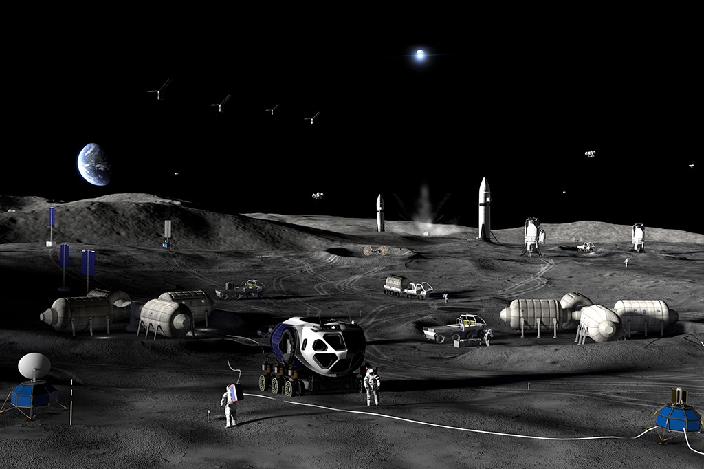 Base lunar futurista com módulos habitacionais, veículos, foguetes e astronautas em trajes espaciais, sob um céu escuro com a Terra e um ponto de luz brilhante