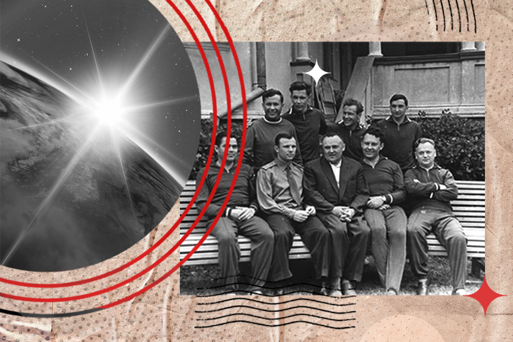 Colagem em sépia com foto de nove homens, incluindo Yuri Gagarin, sentados em um banco, e uma imagem da Terra vista do espaço com o sol nascendo.