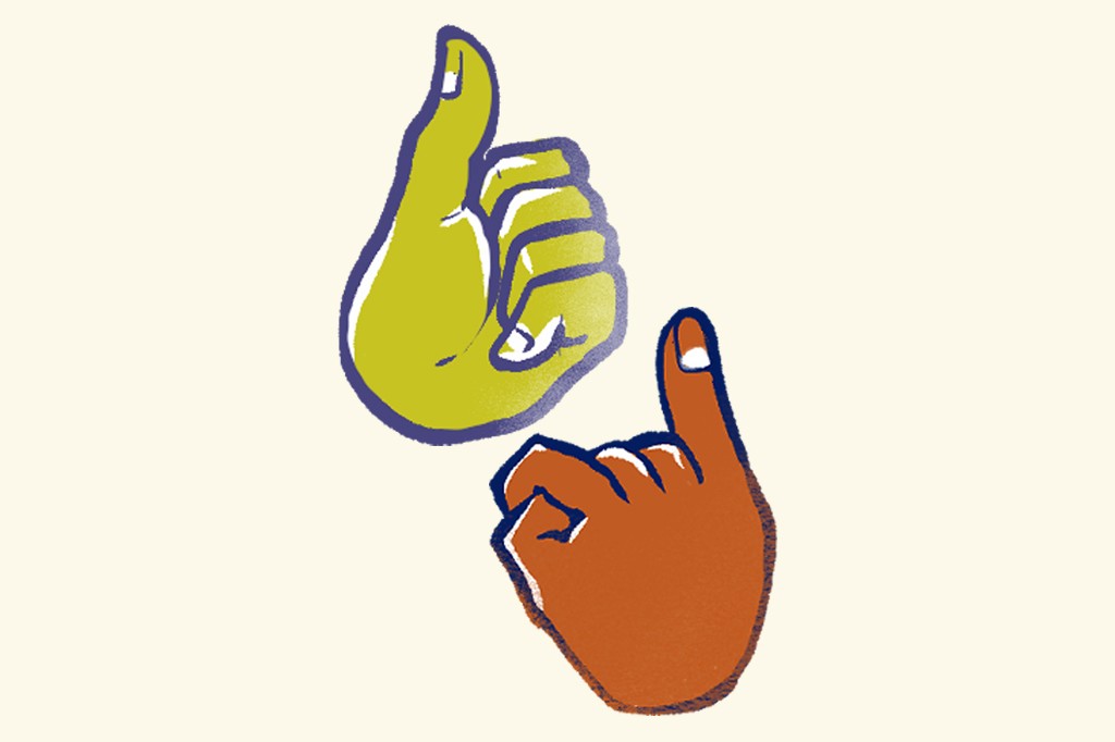Ilustração, em fundo bege, de duas mãos fazendo os sinais do jogo Mushi-Ken.