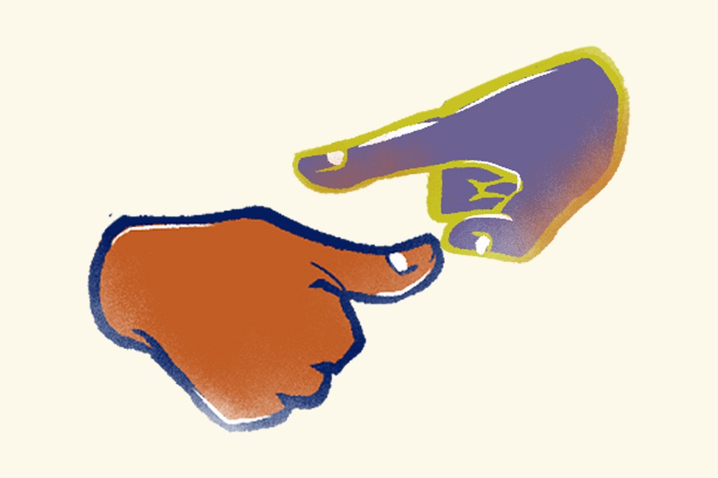 Ilustração, em fundo bege, de duas mãos fazendo os sinais do jogo Suten.