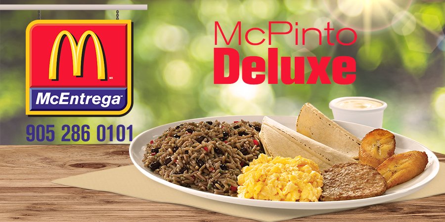 Prato McPinto Deluxe do McDonald's com arroz e feijão, ovos mexidos, tortilhas, banana frita, hambúrguer e molho. Logotipo McEntrega com telefone 905 286 0101