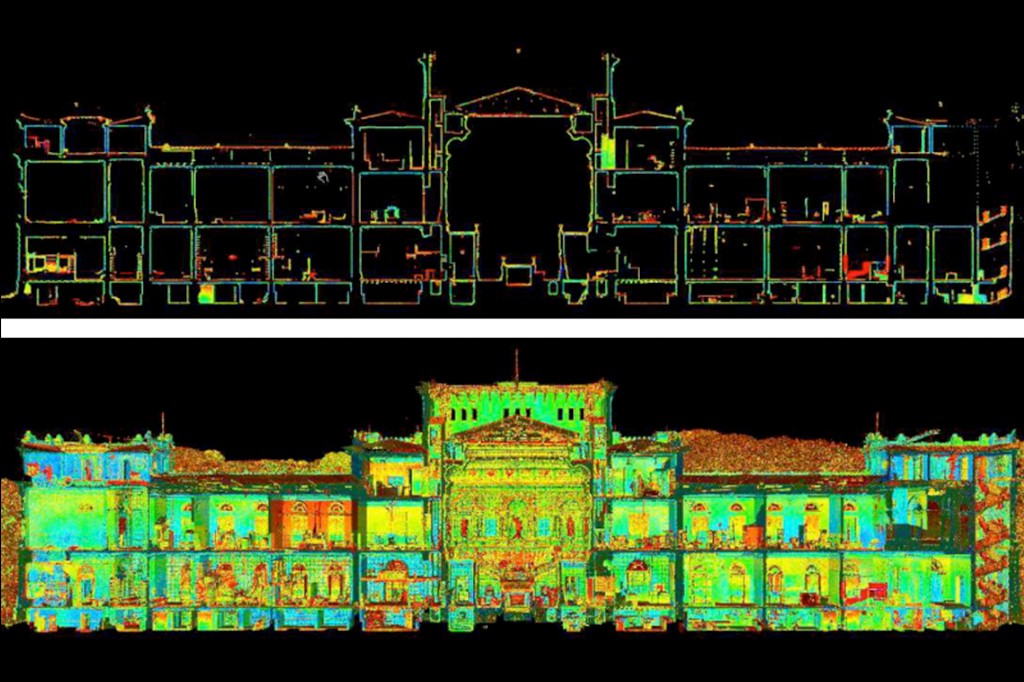 Duas representações de um edifício em preto, com detalhes coloridos em azul, verde, amarelo e vermelho. A imagem superior mostra um corte transversal, revelando a estrutura interna e os andares. A imagem inferior exibe a fachada frontal, com janelas e portas visíveis