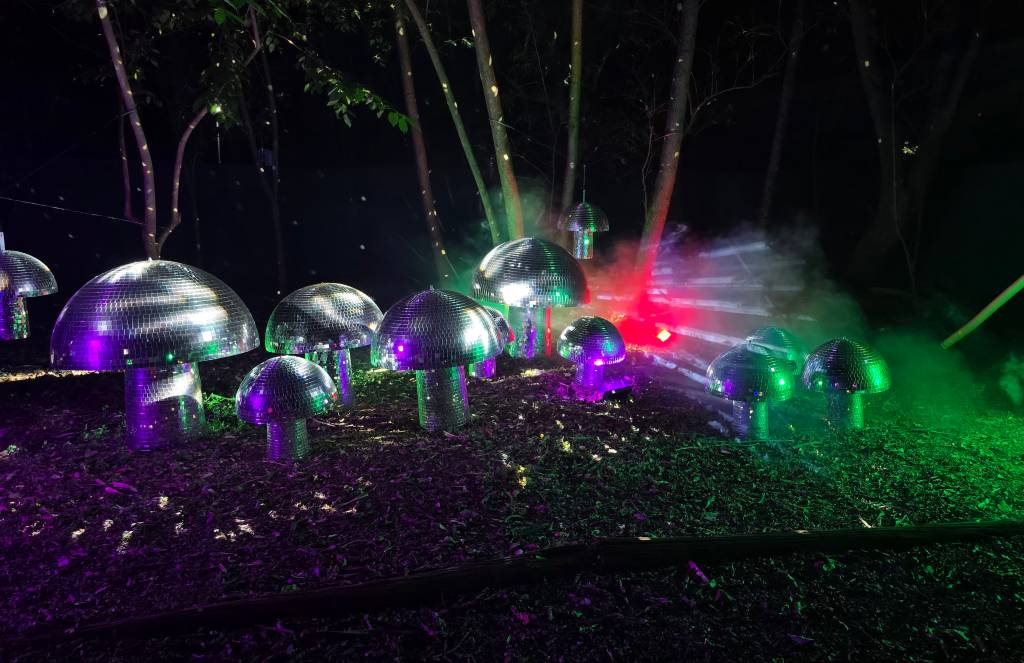 Cogumelos espelhados de tamanhos variados iluminados por luzes roxas, verdes e vermelhas em uma floresta escura com fumaça, criando uma atmosfera festiva